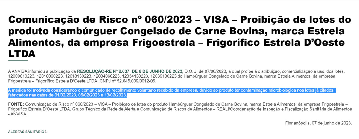 Comunicado da Anvisa a respeito dos Hambúrgueres retirados da marca Estrela Alimentos (Foto Reprodução/Internet)