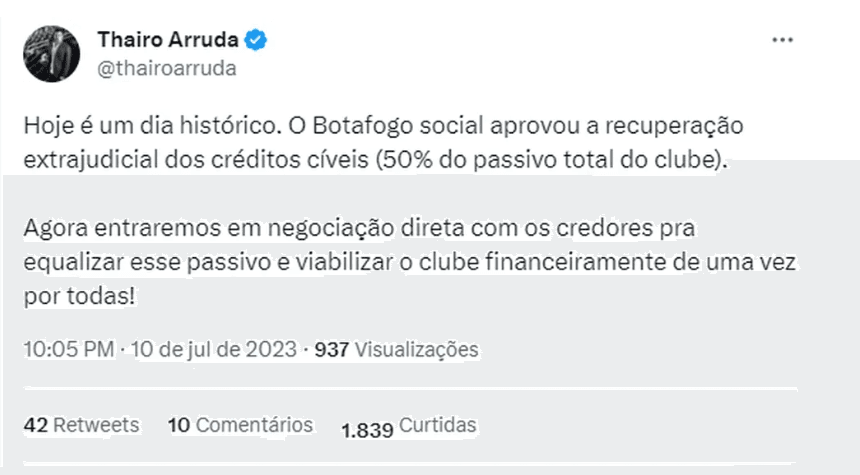 Postagem de Thairo Arruda sobre a recuperação do Botafogo (Foto Reprodução/Twiter)