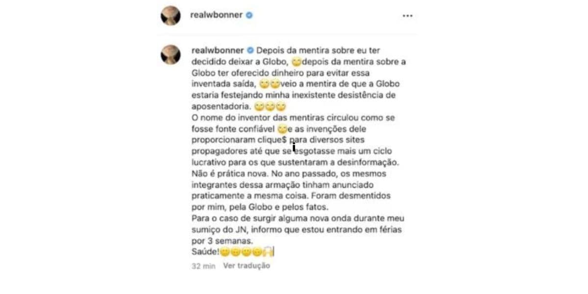 Comunicado William Bonner sobre possível aposentadoria (Foto: Reprodução/ Instagram) 