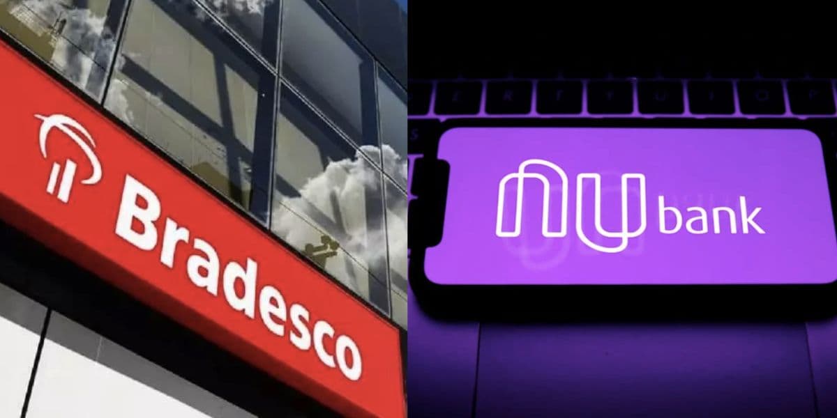 Fachada do Bradesco e aplicativo do Nubank (Fotos: Reproduções / Internet) 