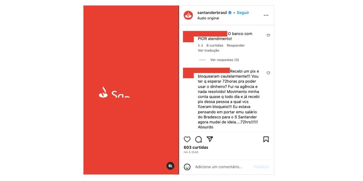 Reclamações sobre o Banco Santander (Foto: Reprodução / Instagram) 