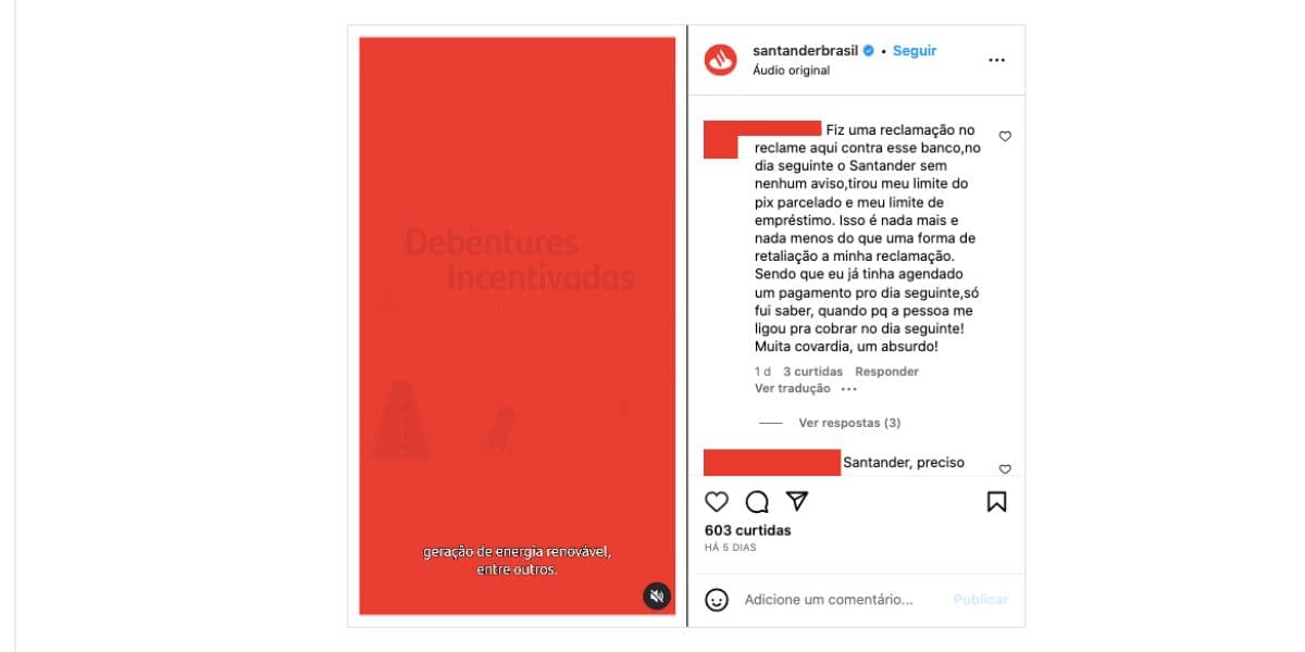 Reclamações sobre o Banco Santander (Foto: Reprodução / Instagram) 