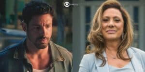 Caio (Cauã Reymond) e Agatha (Eliane Giardini) em Terra e Paixão (Foto: Reprodução / Globo / Montagem TV Foco)