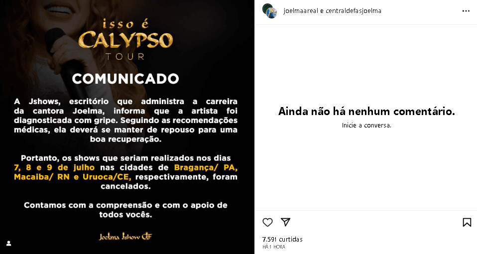 Assessoria de imprensa de Joelma confirmou o cancelamento dos shows (Foto: Reprodução/ Instagram)