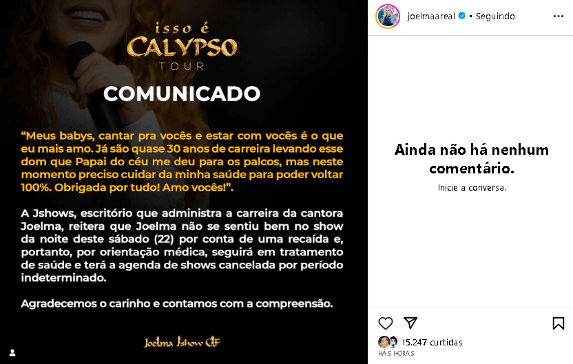 Joelma chocou ao suspender agenda de seus shows por motivo de saúde (Foto: Reprodução/ Instagram)