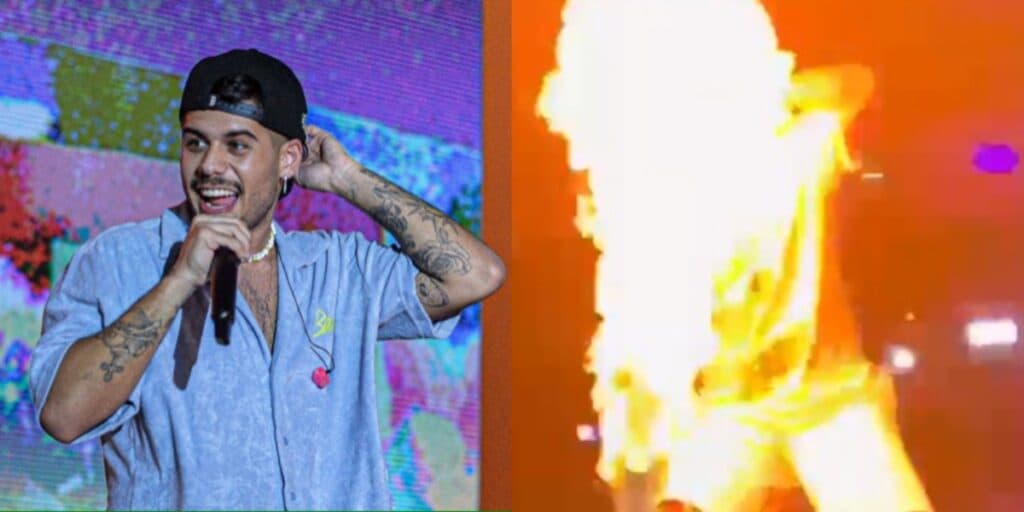 PERIGO: Zé Felipe quase é atingido por fogo durante show e escapa por um triz
