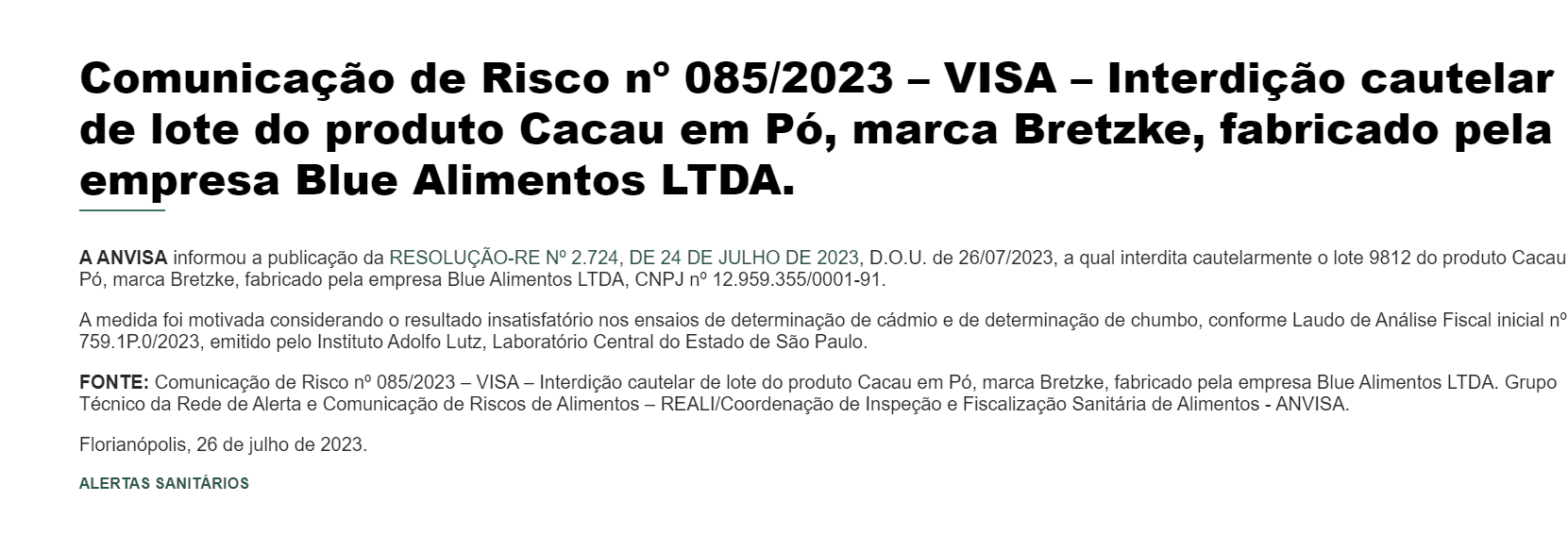Comunicado da Anvisa (Foto Reprodução/Prefeitura de Florianópolis)