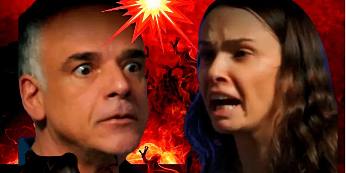 Lucinda se cansa das humilhações e manda Andrade direto pro inferno, em "Terra e Paixão", novela da Globo (Foto Reprodução/Montagem/Tv Foco)