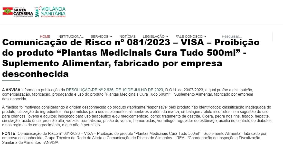 Vigilância Sanitária de Santa Catarina informa comunicado da ANvisa (Foto: Divulgação)