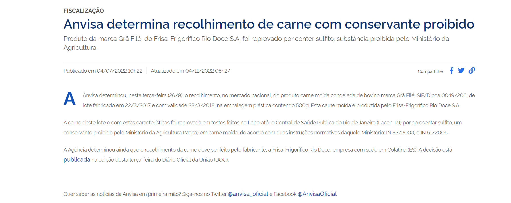 Comunicado da ANVISA a respeito da proibição da marca de carne moída Grã Filé no ano de 2017 (Foto Reprodução/ANVISA/Gov)