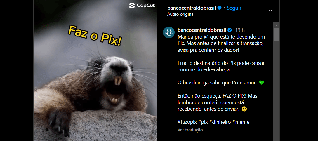 Banco Central faz anúncio de maneira descontraída através das redes sociais (Foto Reprodução/Instagram)