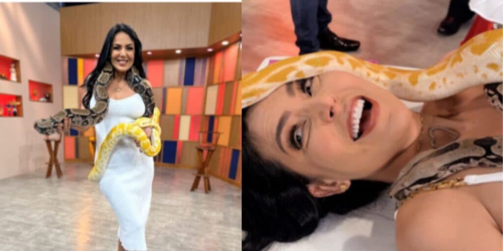 Gardênia Cavalcanti faz terapia com cobras durante programa na Band Rio