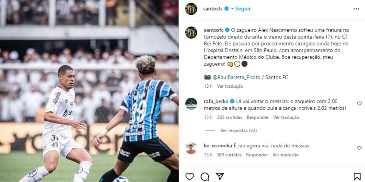 O Santos confirmou a lesão do zagueiro em suas redes sociais (Reprodução: Instagram)
