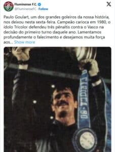 Clube lamentou a morte de uma de suas estrelas do time (Foto: Reprodução / Twitter)