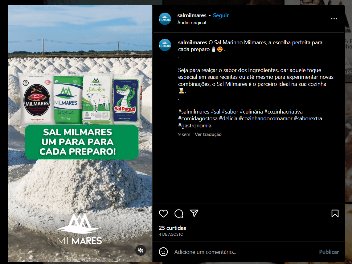 Todas as linhas de sal da Milmares consta no portfólio da marca, compartilhada até mesmo em seu perfil oficial do Instagram (Foto Reprodução/Instagram)