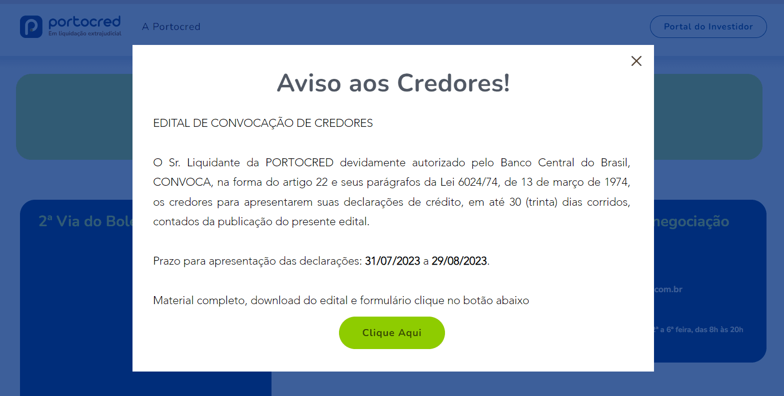 Aviso sobre a falência decretada pelo Banco Central aos credores no portal oficial da Portocred (Foto Reprodução/Portocred)