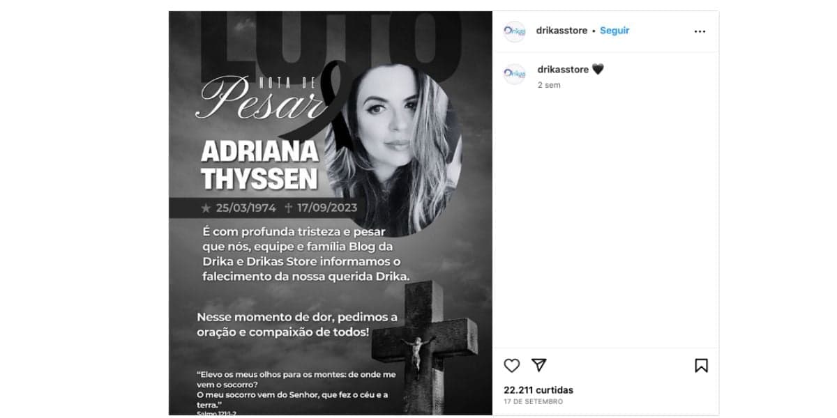 Comunicado sobre morte de Adriana Thyssen (Foto: Reprodução / Instagram) Comunicado sobre morte de Adriana Thyssen (Foto: Reprodução / Instagram)