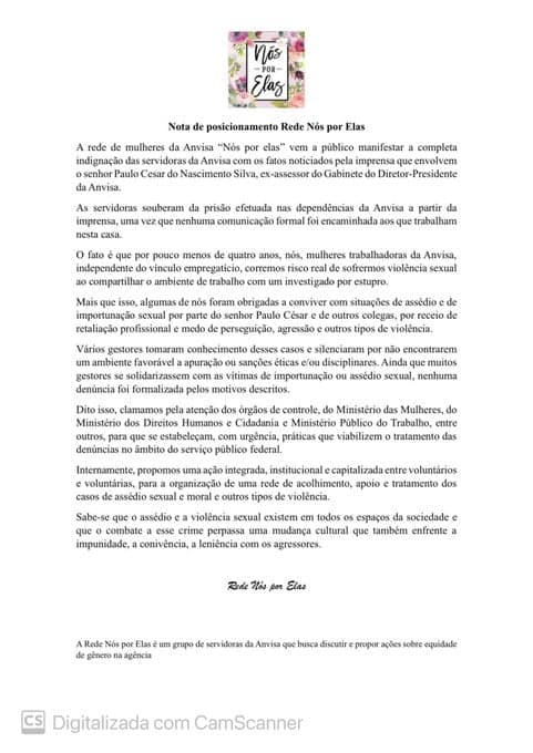 Nota da rede de mulheres da Anvisa “Nós por elas” (Foto: Reprodução, X)