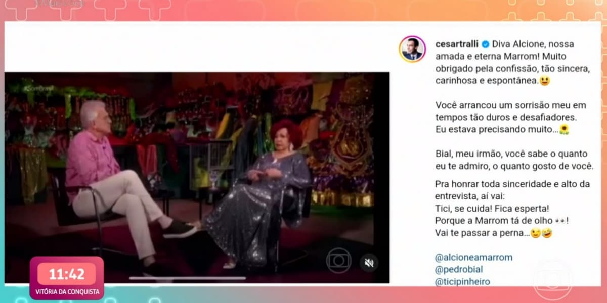 Cesar Tralli respondeu elogio de Alcione (Foto: Reprodução/TV Globo/Instagram)