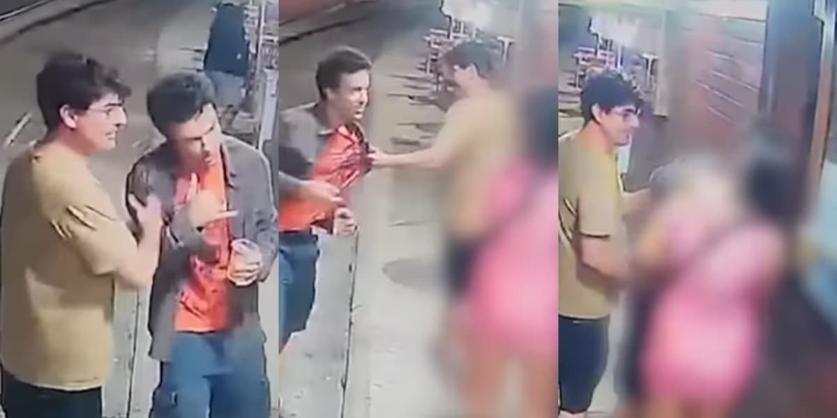 Bruno de Luca impediu aproximação de Kayky Brito a mulher em quiosque (Foto: Reprodução/Record)