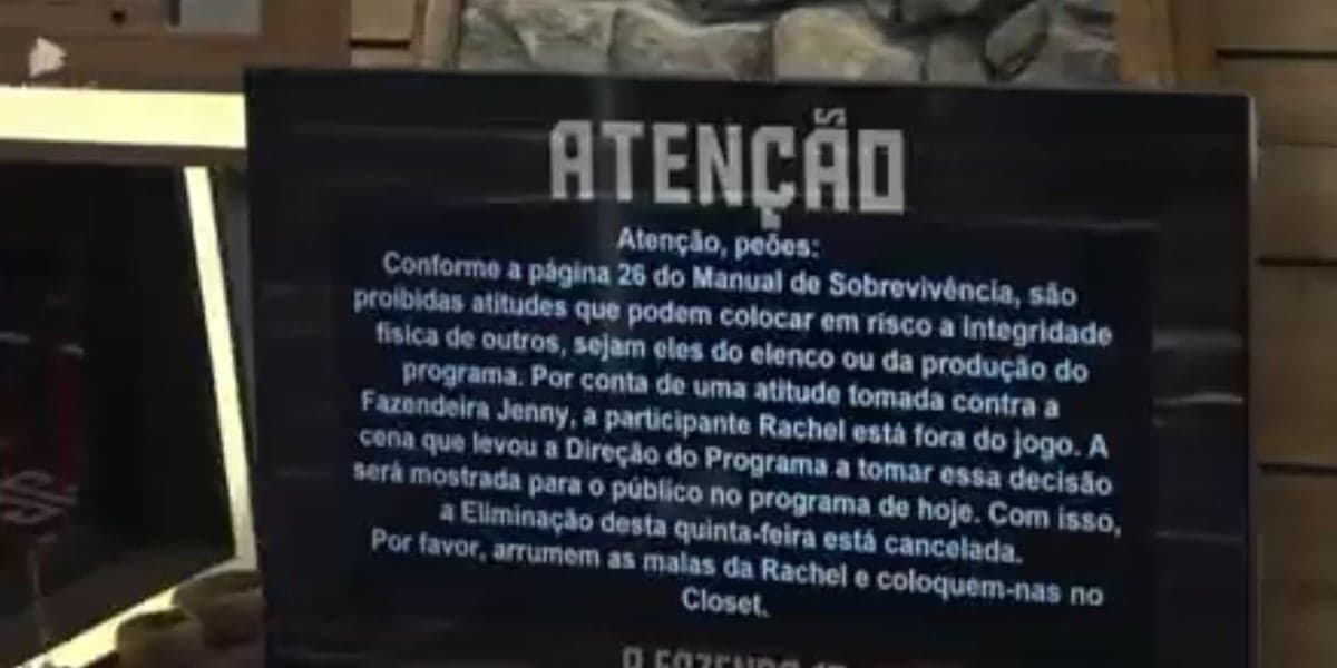 Comunicado de expulsão de Rachel Sheherazade em "A Fazenda 15" (Foto: Reprodução/Record)