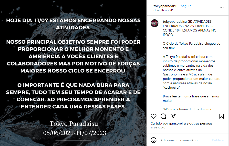 O triste fechamento de restaurante amado no Brasil - Foto: Reprodução/Instagram