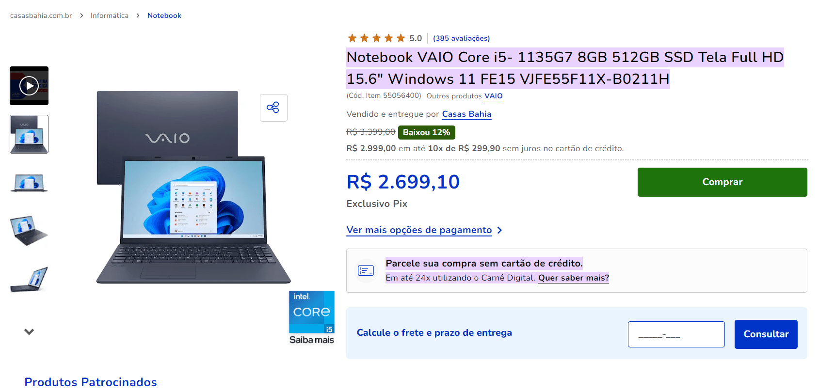 Oferta do Notebook da Casas Bahia (Foto Reprodução/Casas Bahia)