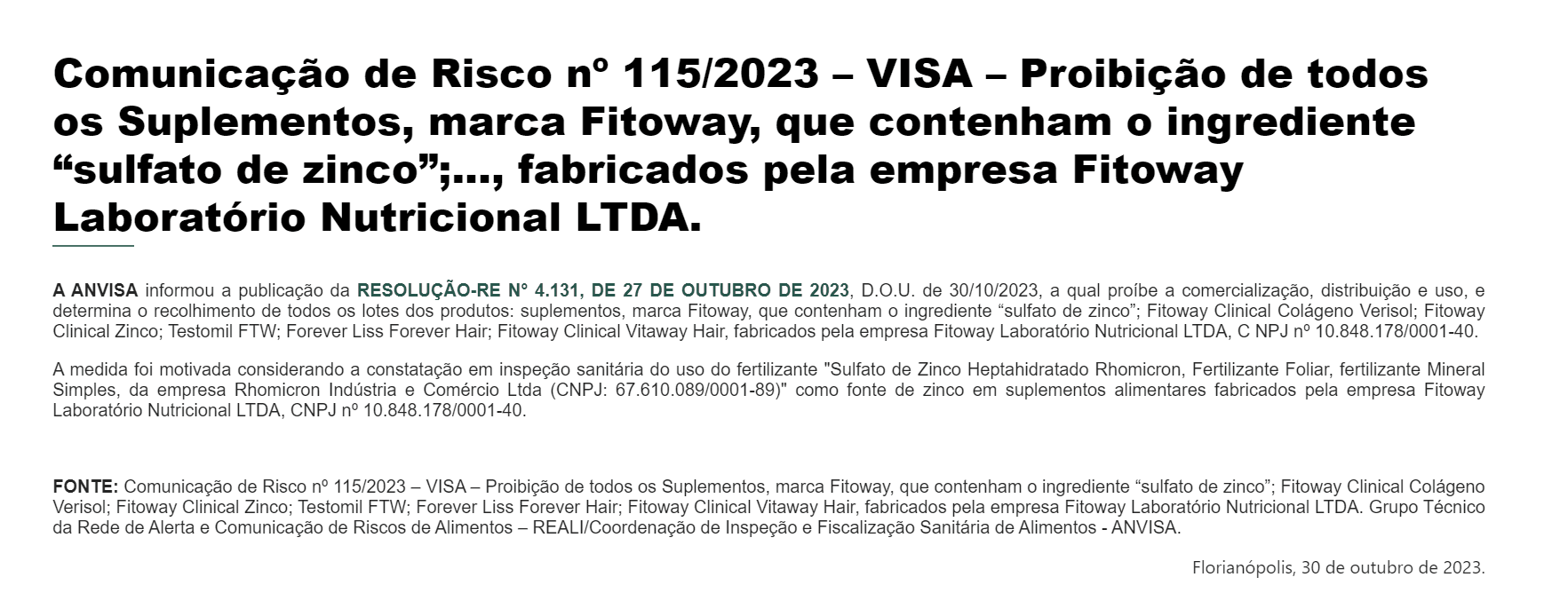 Comunicado da Anvisa (Foto Reprodução/Vigilância Sanitária)