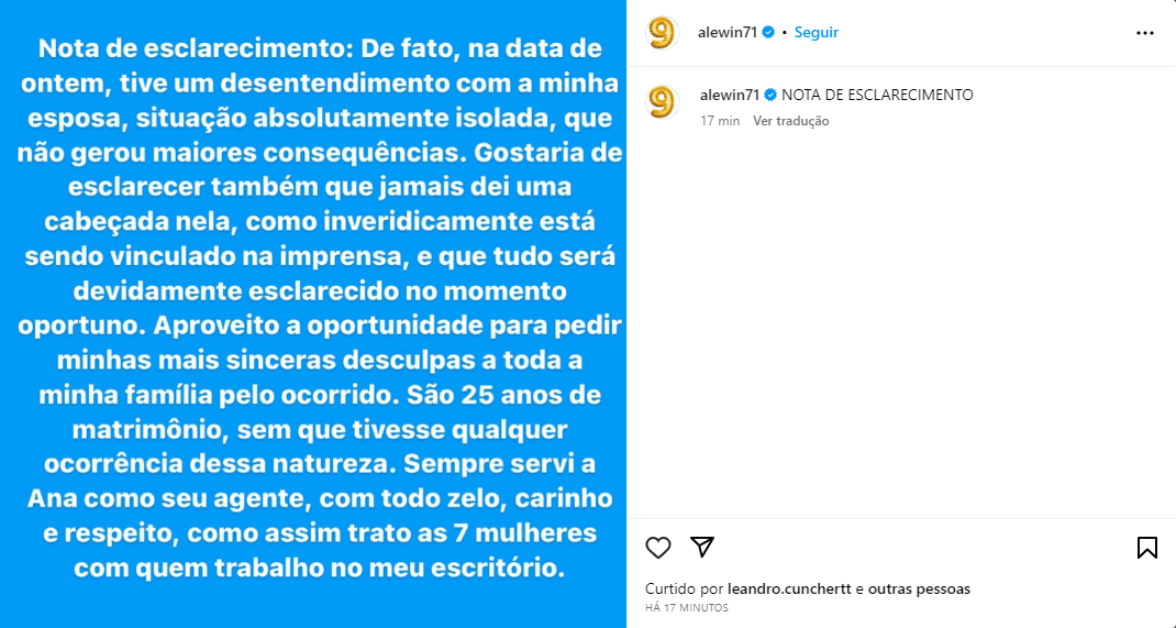 Nota de esclarecimento de Alexandre Correa, marido de Ana - Foto: Reprodução/Instagram