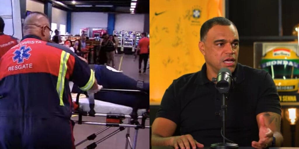 Carregado de maca às pressas: O surto de Denílson e a saída de estúdios do Jogo Aberto levado por bombeiros