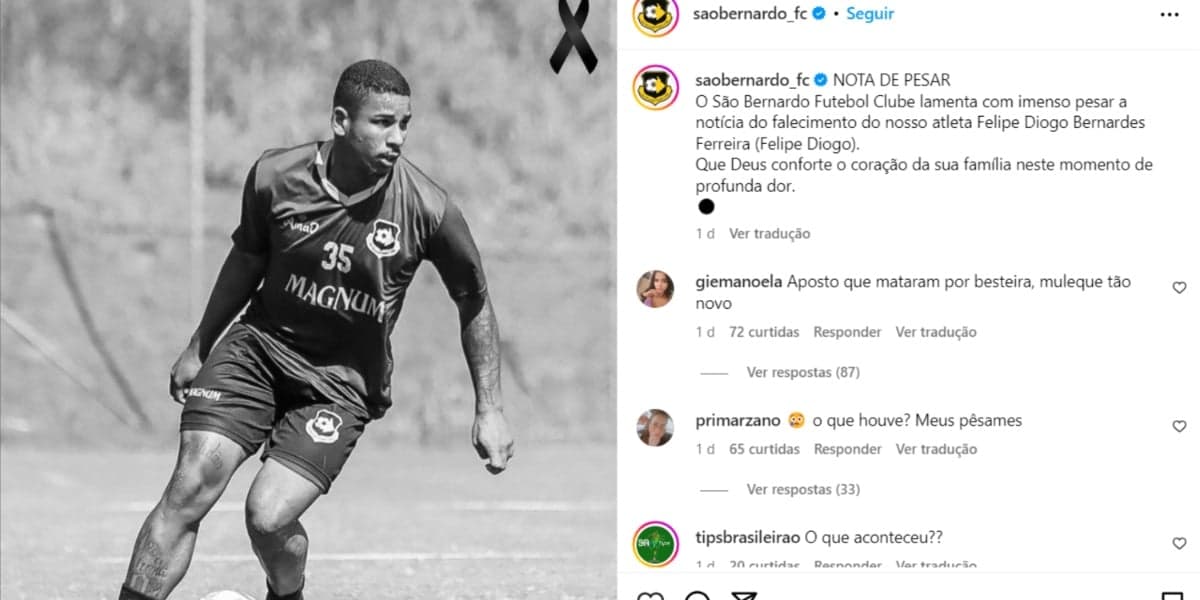 Clube São Bernardo está de luto com a morte de Felipe Diogo - (Foto: Reprodução / Internet) Clube São Bernardo está de luto com a morte de Felipe Diogo - (Foto: Reprodução / Internet)