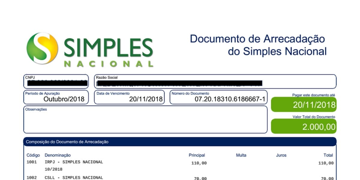 Guia DAS de contribuição (Foto: Reprodução/Simples Nacional)