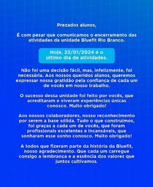 Comunicado do franqueado da Bluefit (Foto Reprodução/G1)