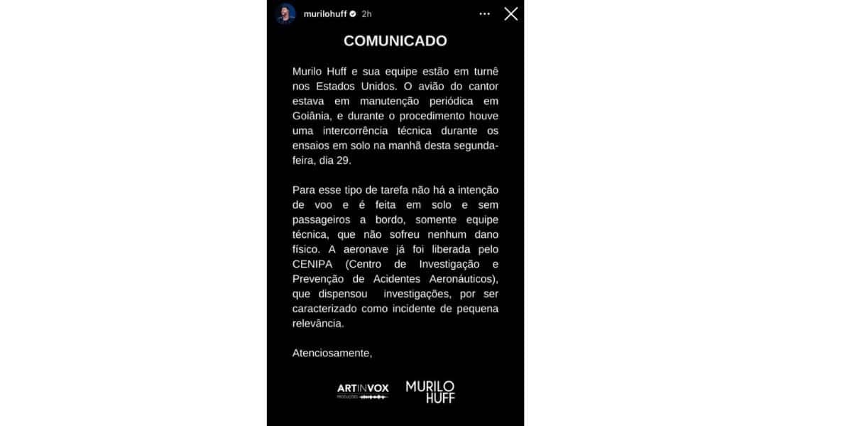 Comunicado da assessoria de Murilo Huff (Foto: Reprodução / Instagram)