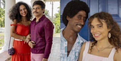Deocleciano (Adanilo) e Morena (Uiliana Lima); e Jupará (Evaldo Macarrão) e Flor (Júlia Lemos) em Renascer (Foto: Reprodução / Globo)