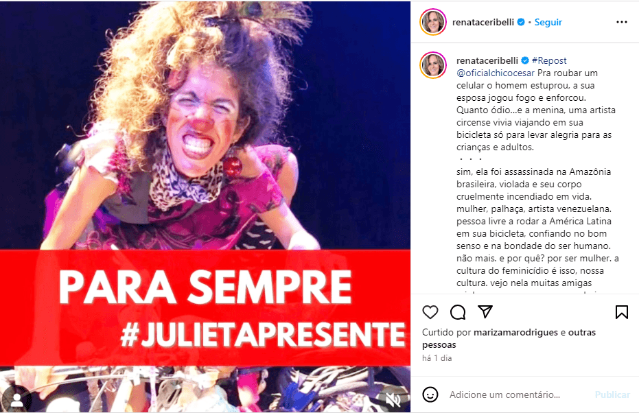 Post de luto pela morte da atriz - Foto: Internet
