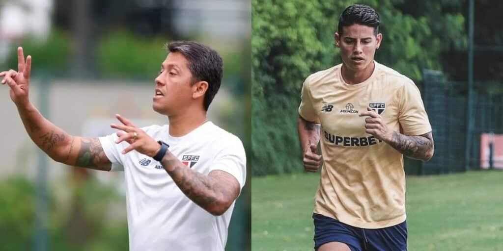 Técnico Thiago Carpini e o jogador James Rodriguez - (Foto: Reprodução / Internet)