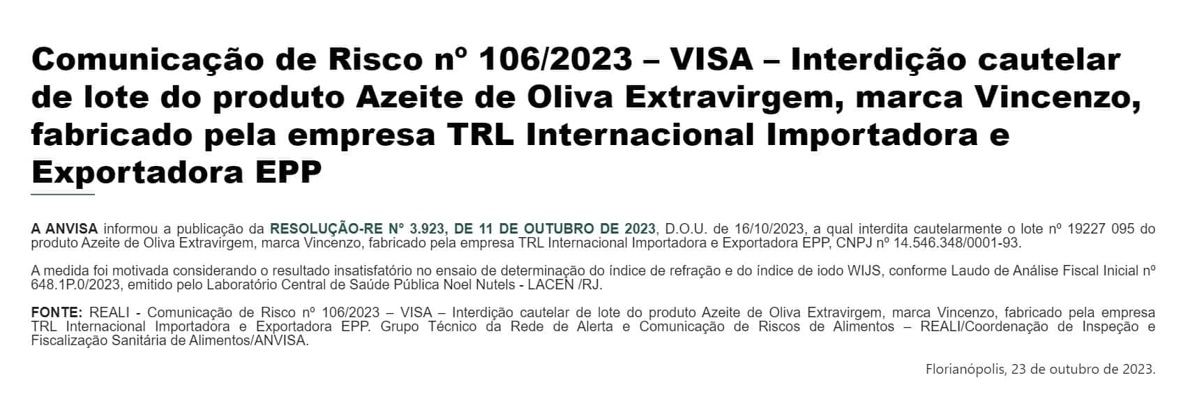 Comunicado emitido pela ANVISA (Foto Reprodução/Vigilância Sanitária)