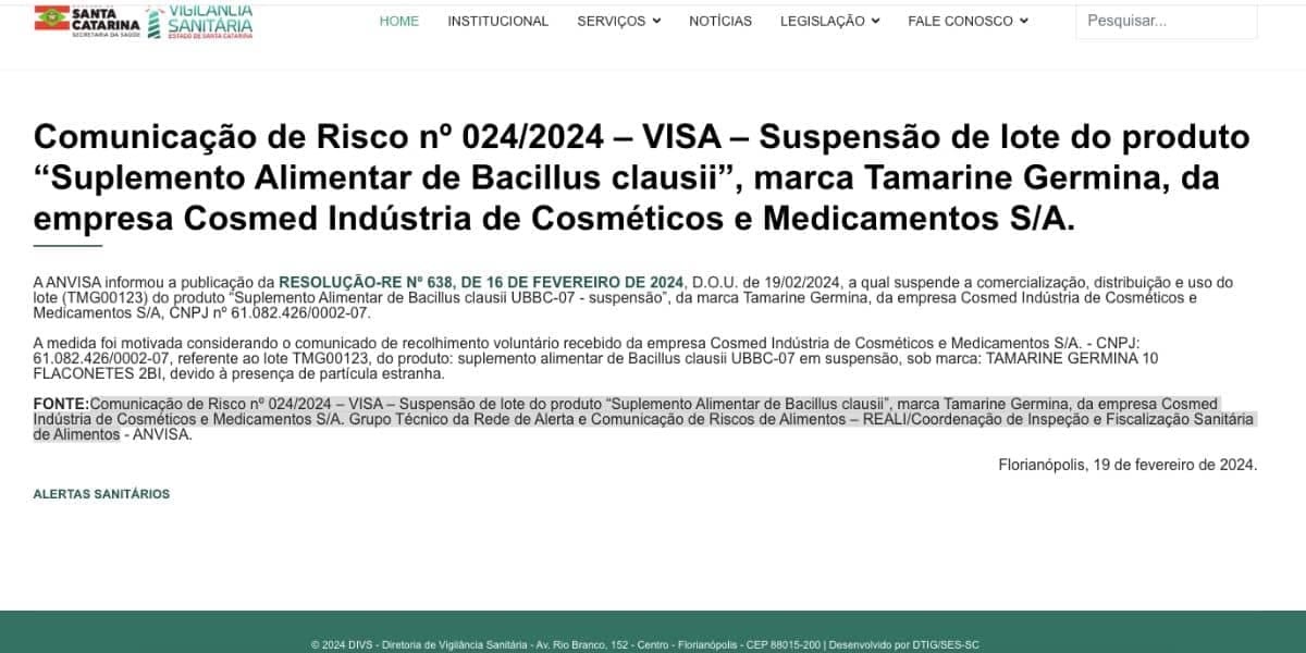 Nota da Anvisa (Foto: Reprodução / site oficial) 