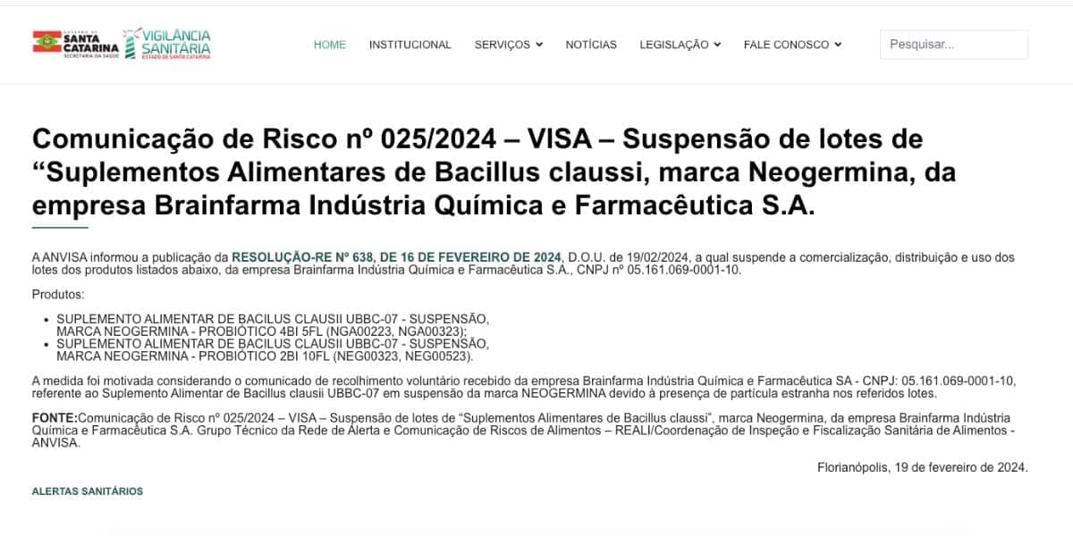 Nota da Anvisa (Foto: Reprodução / site oficial) 