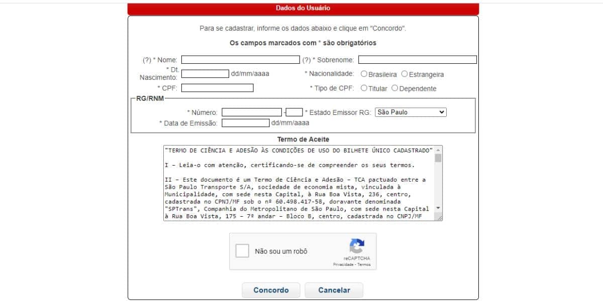 Formulário do Bilhete Único da SPTrans. (Foto: Reprodução / Internet) Formulário do Bilhete Único da SPTrans. (Foto: Reprodução / Internet)