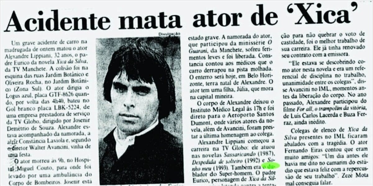 Notícia informando o acidente que matou Alexandre Lippiani (Foto Reprodução/Acervo)