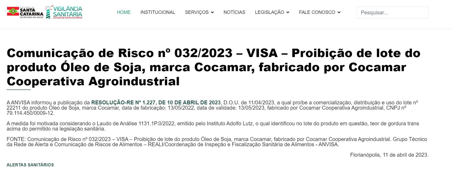 Comunicado da Anvisa contra lote de produto da marca de óleo Cocamar (Foto Reprodução/VISA)