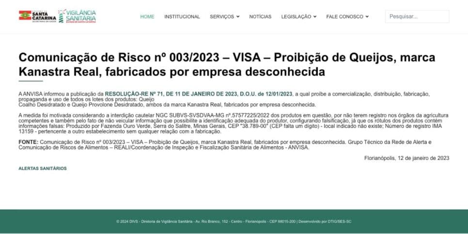 Nota da Anvisa (Reprodução/vigilância sanitária de Santa Catarina)
