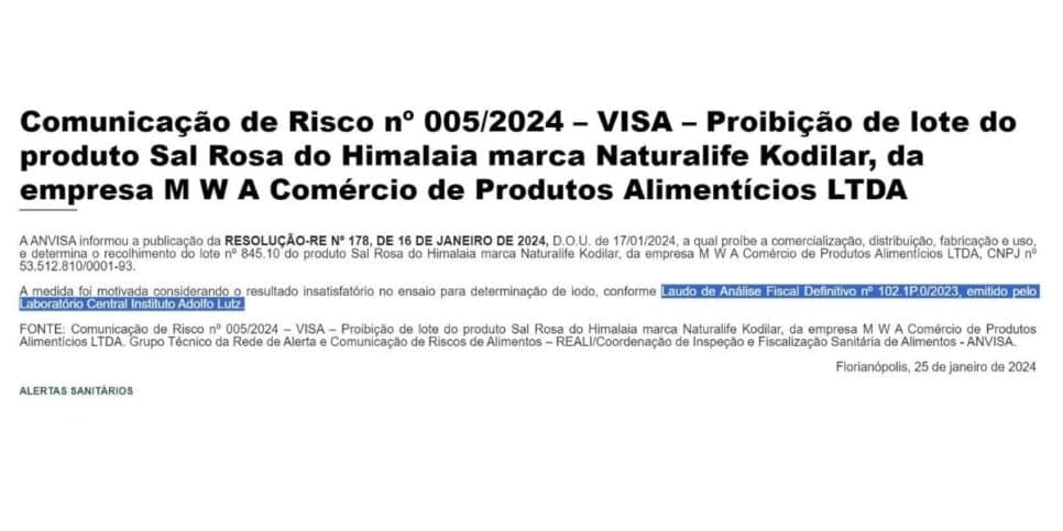 Proibição da ANVISA contra marca Naturalife Kodilar (Foto Reprodução/Vigilância Sanitária)