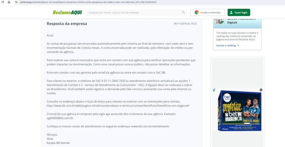 Comunicado do Banco do Brasil em resposta há uma cliente que teve a conta poupança encerrada- Foto: Reprodução/Internet 
