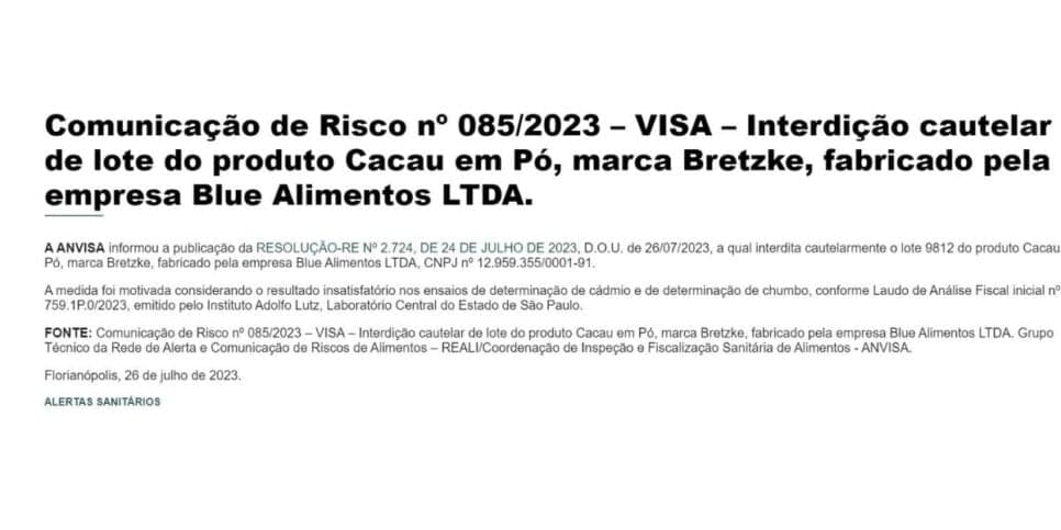 Proibição da ANVISA contra a Bretzke (Foto Reprodução/Vigilância Sanitária)