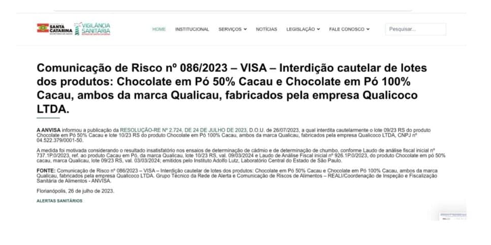 Nota Anvisa da marca Qualicau (Foto: Reprodução / Site Vigilância Sanitária) 