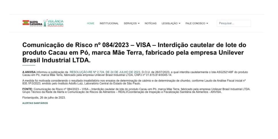 Nota Anvisa da marca Mãe Terra (Foto: Reprodução / Site Vigilância Sanitária)