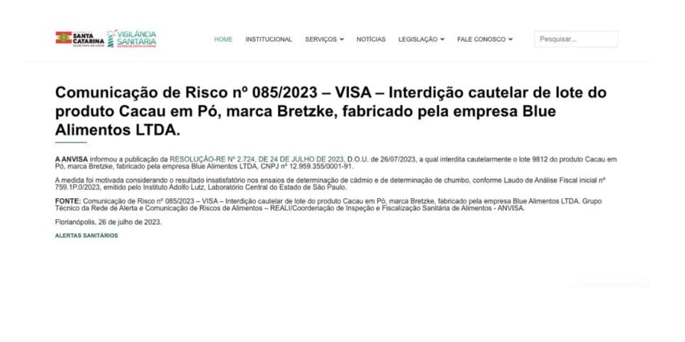 Nota Anvisa da marca Bretzke (Foto: Reprodução / Site Vigilância Sanitária)